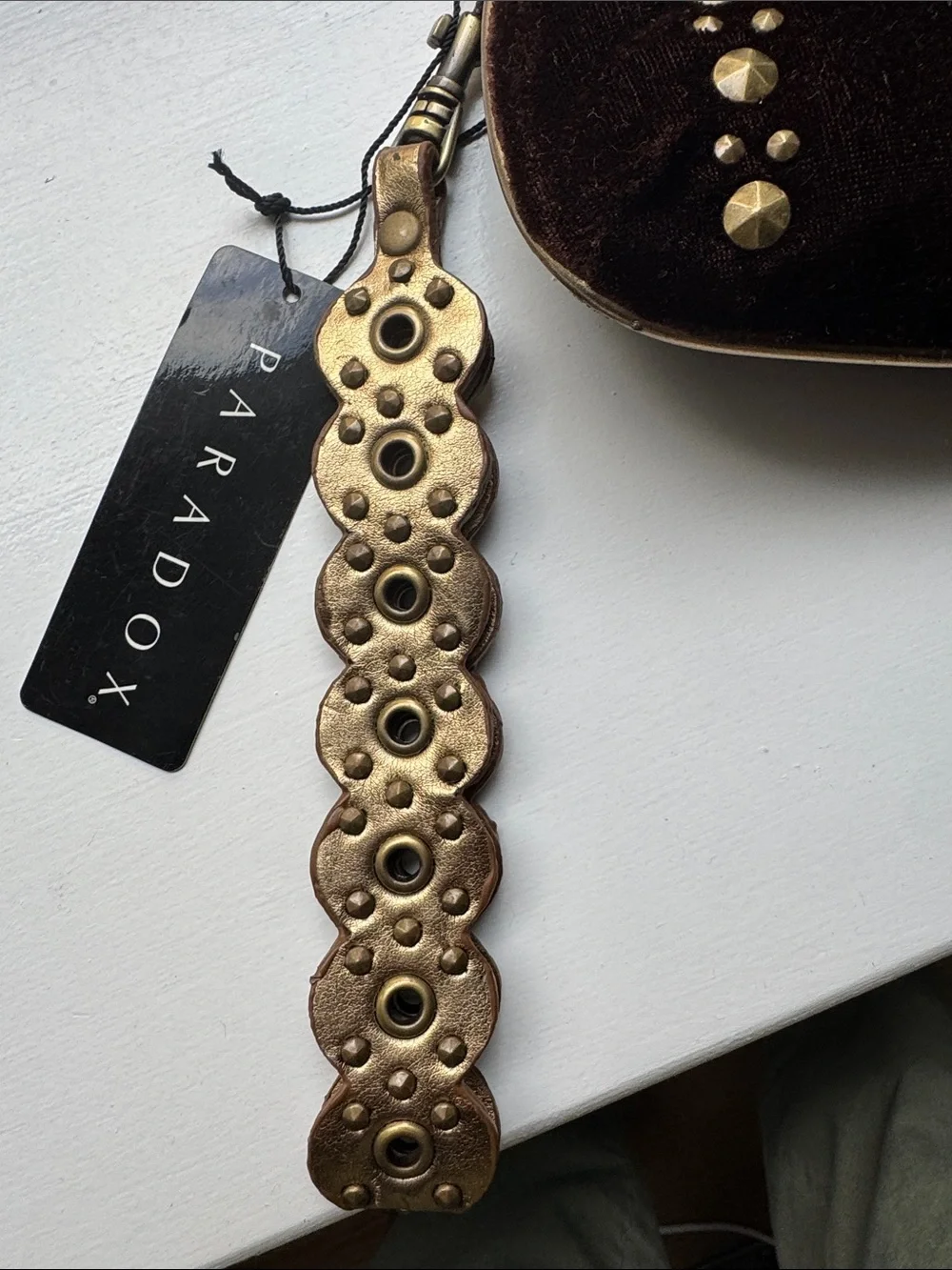 Paradox Brown Velvet Studded Clutch with Gold Accents